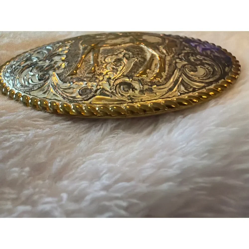 Vintage Crumrine Mfg USA Deer Western Belt Buckle Gold Silver Tone Oval Buck